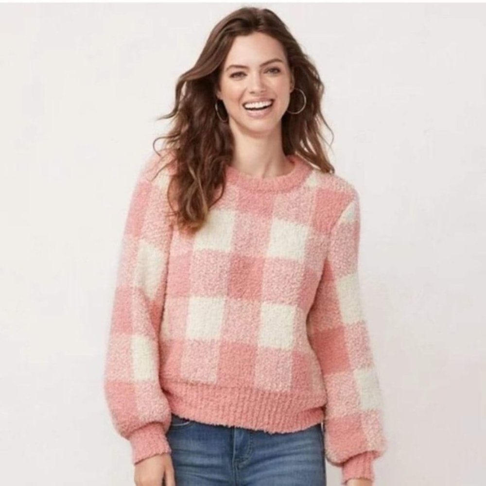 NWT Lauren Conrad Pink/White Plaid Sweater XL